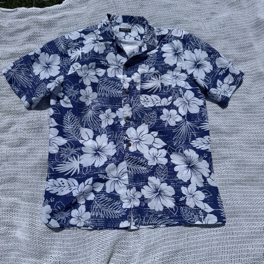 Blue and White Hawaiian Print Shirt
